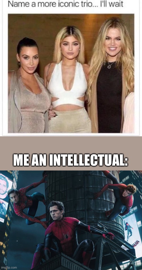 The spidey bros | ME AN INTELLECTUAL: | image tagged in name a more iconic trio | made w/ Imgflip meme maker