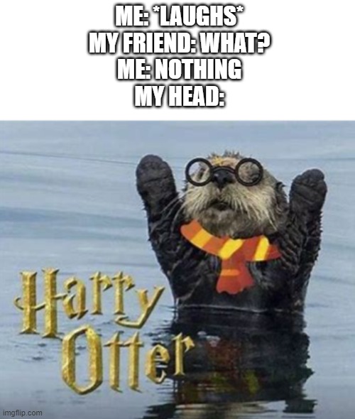 I think my mind is broken- |  ME: *LAUGHS*
MY FRIEND: WHAT?
ME: NOTHING
MY HEAD: | image tagged in help,harry potter meme,luna_the_dragon,help me | made w/ Imgflip meme maker