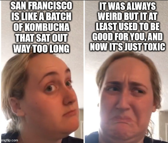 And it just keeps on getting more rancid and disgusting | SAN FRANCISCO
IS LIKE A BATCH
OF KOMBUCHA
THAT SAT OUT
WAY TOO LONG; IT WAS ALWAYS WEIRD BUT IT AT LEAST USED TO BE GOOD FOR YOU, AND NOW IT'S JUST TOXIC | image tagged in kombucha girl | made w/ Imgflip meme maker