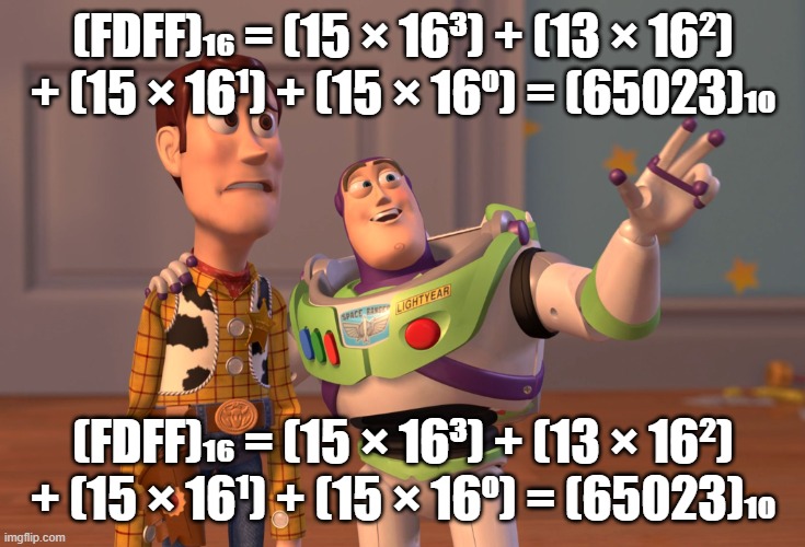 (FDFF)₁₆ = (15 × 16³) + (13 × 16²) + (15 × 16¹) + (15 × 16⁰) = (65023)₁₀ | (FDFF)₁₆ = (15 × 16³) + (13 × 16²) + (15 × 16¹) + (15 × 16⁰) = (65023)₁₀; (FDFF)₁₆ = (15 × 16³) + (13 × 16²) + (15 × 16¹) + (15 × 16⁰) = (65023)₁₀ | image tagged in memes,x x everywhere | made w/ Imgflip meme maker