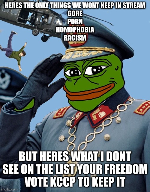 brought to you by the KCCP | HERES THE ONLY THINGS WE WONT KEEP IN STREAM
GORE
PORN
HOMOPHOBIA
RACISM; BUT HERES WHAT I DONT SEE ON THE LIST YOUR FREEDOM
VOTE KCCP TO KEEP IT | image tagged in kccp | made w/ Imgflip meme maker