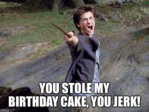 Harry Potter Yelling | YOU STOLE MY BIRTHDAY CAKE, YOU JERK! | image tagged in harry potter yelling | made w/ Imgflip meme maker