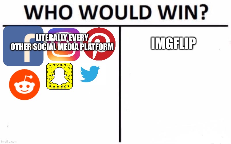 Who Would Win? |  LITERALLY EVERY OTHER SOCIAL MEDIA PLATFORM; IMGFLIP | image tagged in memes,who would win | made w/ Imgflip meme maker