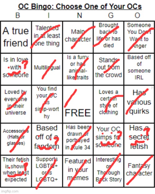 -w-? means depends like if it’s an rp | image tagged in jer-sama's oc bingo | made w/ Imgflip meme maker