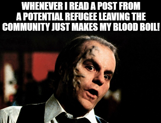 IM MAD ABOUT IT | WHENEVER I READ A POST FROM A POTENTIAL REFUGEE LEAVING THE COMMUNITY JUST MAKES MY BLOOD BOIL! | image tagged in meme,scanners | made w/ Imgflip meme maker