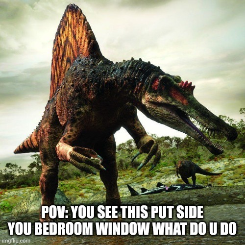 Hi I'm new here | POV: YOU SEE THIS PUT SIDE YOU BEDROOM WINDOW WHAT DO U DO | image tagged in dinosaur | made w/ Imgflip meme maker