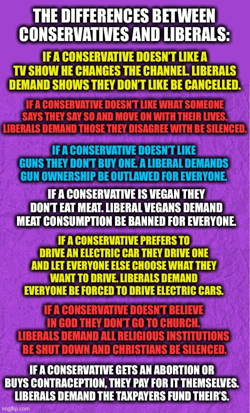 THE DIFFERENCES BETWEEN CONSERVATIVES AND LIBERALS:; IF A CONSERVATIVE DOESN’T LIKE A TV SHOW HE CHANGES THE CHANNEL. LIBERALS DEMAND SHOWS THEY DON’T LIKE BE CANCELLED. IF A CONSERVATIVE DOESN’T LIKE WHAT SOMEONE SAYS THEY SAY SO AND MOVE ON WITH THEIR LIVES. LIBERALS DEMAND THOSE THEY DISAGREE WITH BE SILENCED. IF A CONSERVATIVE DOESN’T LIKE GUNS THEY DON’T BUY ONE. A LIBERAL DEMANDS GUN OWNERSHIP BE OUTLAWED FOR EVERYONE. IF A CONSERVATIVE IS VEGAN THEY DON’T EAT MEAT. LIBERAL VEGANS DEMAND MEAT CONSUMPTION BE BANNED FOR EVERYONE. IF A CONSERVATIVE PREFERS TO DRIVE AN ELECTRIC CAR THEY DRIVE ONE AND LET EVERYONE ELSE CHOOSE WHAT THEY
WANT TO DRIVE. LIBERALS DEMAND EVERYONE BE FORCED TO DRIVE ELECTRIC CARS. IF A CONSERVATIVE DOESN’T BELIEVE IN GOD THEY DON’T GO TO CHURCH. LIBERALS DEMAND ALL RELIGIOUS INSTITUTIONS  BE SHUT DOWN AND CHRISTIANS BE SILENCED. IF A CONSERVATIVE GETS AN ABORTION OR BUYS CONTRACEPTION, THEY PAY FOR IT THEMSELVES. LIBERALS DEMAND THE TAXPAYERS FUND THEIR’S. | image tagged in generic purple background,liberals,conservatives,liberal vs conservative,liberal logic,memes | made w/ Imgflip meme maker