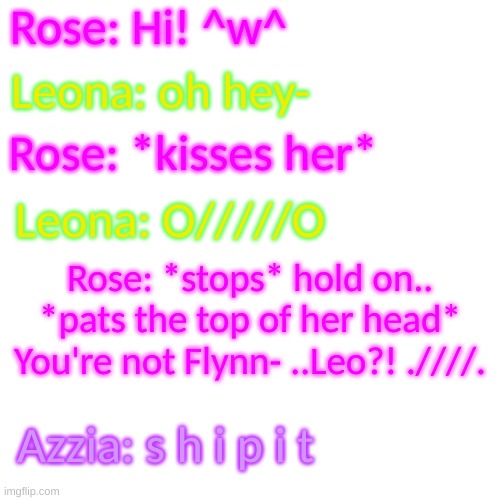 Blank Transparent Square | Rose: Hi! ^w^; Leona: oh hey-; Rose: *kisses her*; Leona: O/////O; Rose: *stops* hold on.. *pats the top of her head* You're not Flynn- ..Leo?! .////. Azzia: s h i p i t | image tagged in blank transparent square | made w/ Imgflip meme maker