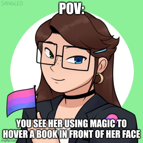 this is a Harry Potter OC, so keep that in mind. no ERP, and enjoy! | POV:; YOU SEE HER USING MAGIC TO HOVER A BOOK IN FRONT OF HER FACE | made w/ Imgflip meme maker