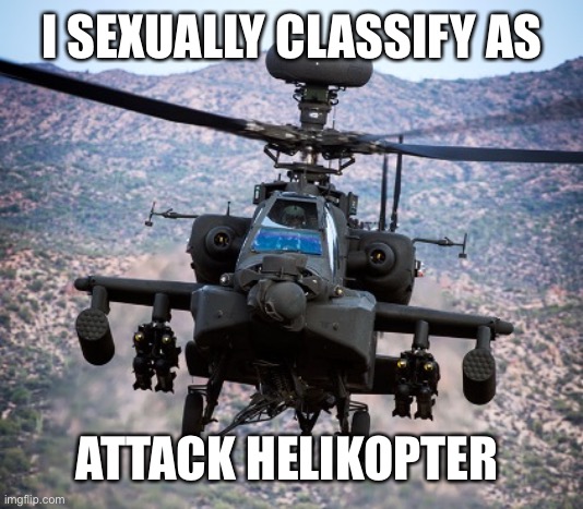 This again? | I SEXUALLY CLASSIFY AS; ATTACK HELIKOPTER | image tagged in attack helicopter apache,gender | made w/ Imgflip meme maker