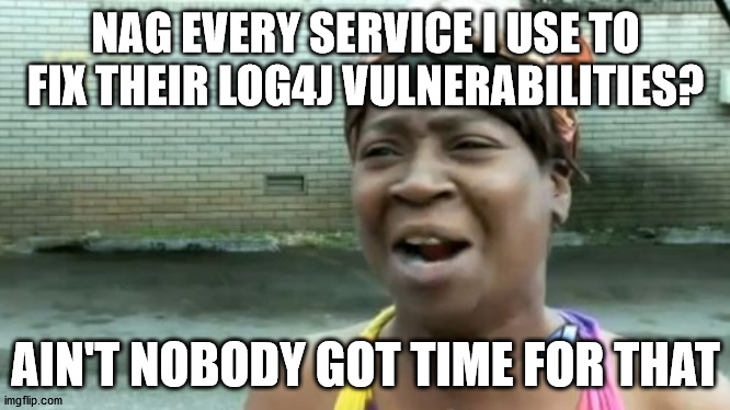 Ain't Nobody Got Time For That Meme | NAG EVERY SERVICE I USE TO FIX THEIR LOG4J VULNERABILITIES? AIN'T NOBODY GOT TIME FOR THAT | image tagged in memes,ain't nobody got time for that | made w/ Imgflip meme maker