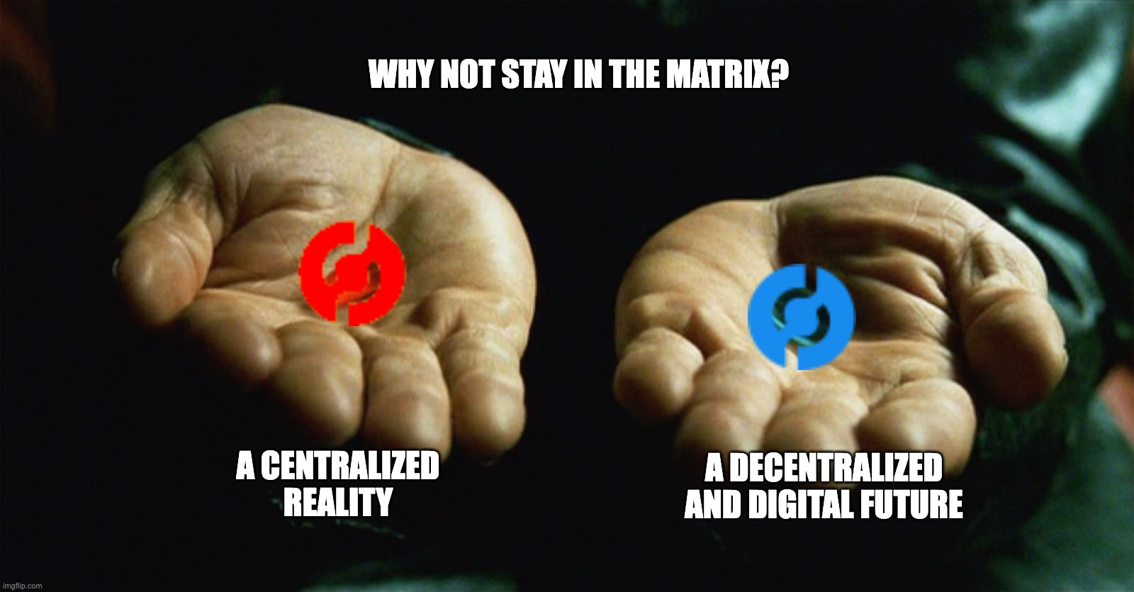 Red pill blue pill | WHY NOT STAY IN THE MATRIX? A CENTRALIZED REALITY; A DECENTRALIZED AND DIGITAL FUTURE | image tagged in red pill blue pill | made w/ Imgflip meme maker