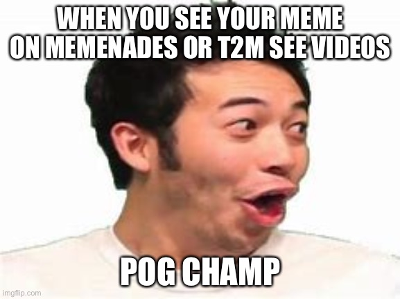 Well I wish ;-; | WHEN YOU SEE YOUR MEME ON MEMENADES OR T2M SEE VIDEOS; POG CHAMP | image tagged in pog | made w/ Imgflip meme maker