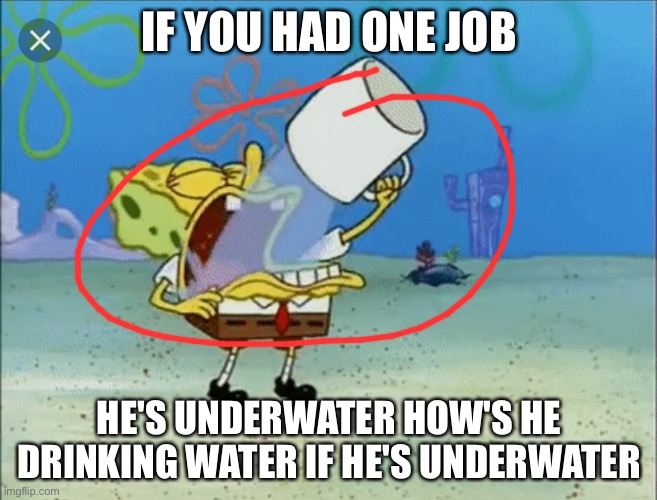 One job mate | IF YOU HAD ONE JOB; HE'S UNDERWATER HOW'S HE DRINKING WATER IF HE'S UNDERWATER | image tagged in spongebob drinking water | made w/ Imgflip meme maker