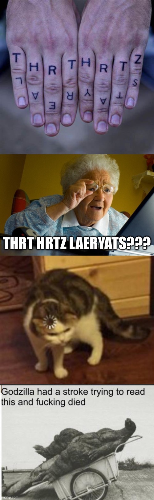 THRT HRTZ LAERYATS??? | image tagged in confused old lady,loading cat,godzilla | made w/ Imgflip meme maker