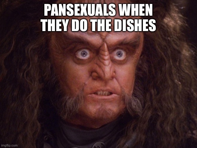 Aroused Klingon | PANSEXUALS WHEN THEY DO THE DISHES | image tagged in aroused klingon | made w/ Imgflip meme maker