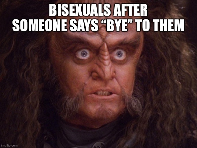 Aroused Klingon | BISEXUALS AFTER SOMEONE SAYS “BYE” TO THEM | image tagged in aroused klingon | made w/ Imgflip meme maker