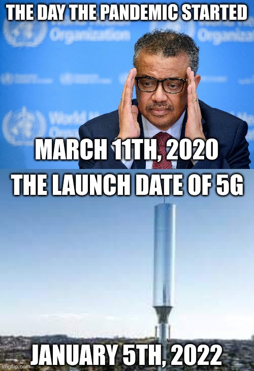 Count The Days | THE DAY THE PANDEMIC STARTED; MARCH 11TH, 2020; THE LAUNCH DATE OF 5G; JANUARY 5TH, 2022 | image tagged in who,5g,666,symbolism | made w/ Imgflip meme maker