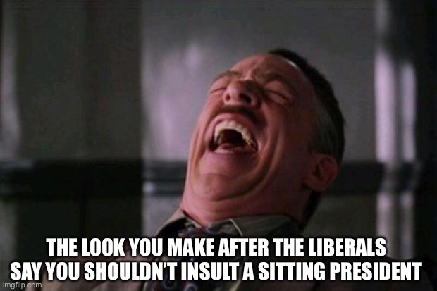 Hypocrites say Don’t insult Biden | THE LOOK YOU MAKE AFTER THE LIBERALS SAY YOU SHOULDN’T INSULT A SITTING PRESIDENT | image tagged in joe biden,president trump | made w/ Imgflip meme maker