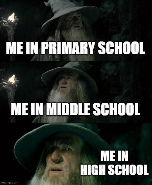 my schoollife shits | ME IN PRIMARY SCHOOL; ME IN MIDDLE SCHOOL; ME IN HIGH SCHOOL | image tagged in memes,confused gandalf | made w/ Imgflip meme maker