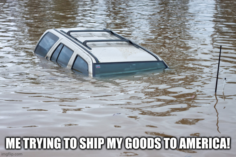 Sinking car | ME TRYING TO SHIP MY GOODS TO AMERICA! | image tagged in sinking car | made w/ Imgflip meme maker