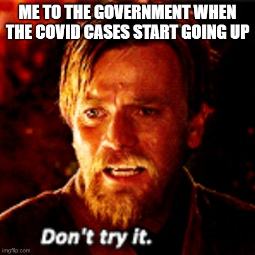 Don't lock us up AGAIN | ME TO THE GOVERNMENT WHEN THE COVID CASES START GOING UP | image tagged in don't try it,covid | made w/ Imgflip meme maker
