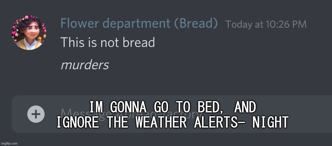 Nightt | IM GONNA GO TO BED, AND IGNORE THE WEATHER ALERTS- NIGHT | image tagged in this is not bread | made w/ Imgflip meme maker