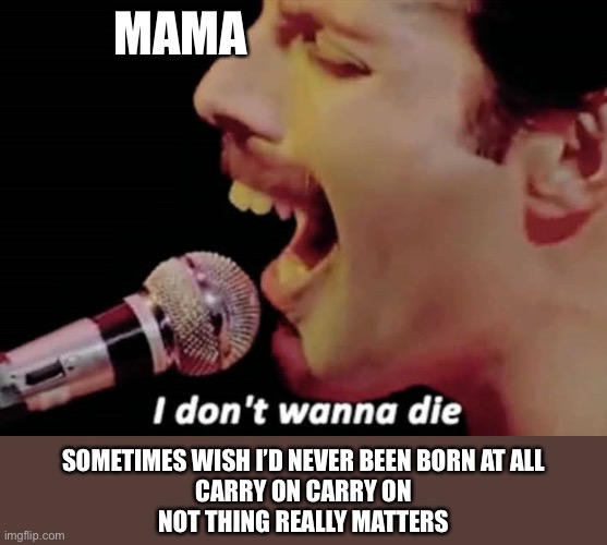 Freddie Mercury I don't wanna die | MAMA; SOMETIMES WISH I’D NEVER BEEN BORN AT ALL
CARRY ON CARRY ON
NOT THING REALLY MATTERS | image tagged in freddie mercury i don't wanna die | made w/ Imgflip meme maker