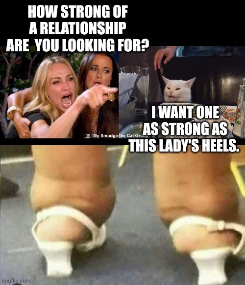 HOW STRONG OF A RELATIONSHIP ARE  YOU LOOKING FOR? I WANT ONE AS STRONG AS THIS LADY'S HEELS. | image tagged in smudge the cat | made w/ Imgflip meme maker