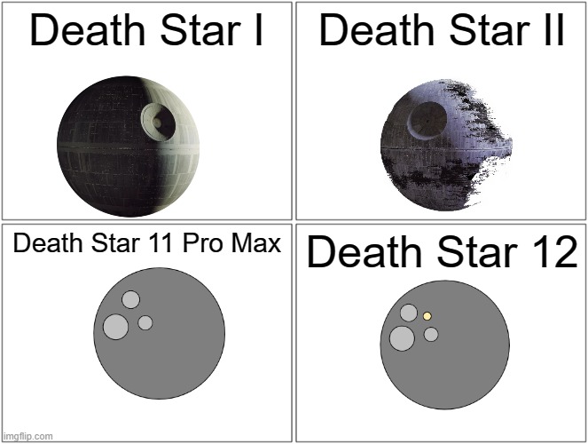 The Death Stars | Death Star I; Death Star II; Death Star 11 Pro Max; Death Star 12 | image tagged in star wars | made w/ Imgflip meme maker