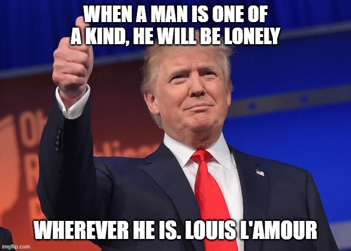 donald trump | WHEN A MAN IS ONE OF A KIND, HE WILL BE LONELY; WHEREVER HE IS. LOUIS L'AMOUR | image tagged in donald trump | made w/ Imgflip meme maker