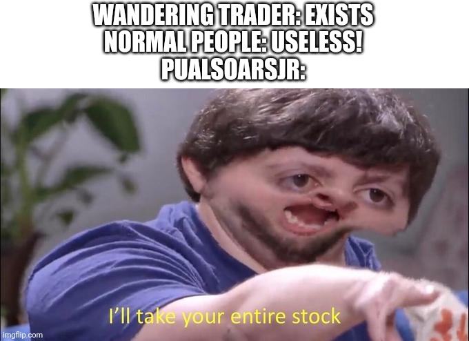 I'll take your entire stock |  WANDERING TRADER: EXISTS
NORMAL PEOPLE: USELESS!
PUALSOARSJR: | image tagged in i'll take your entire stock | made w/ Imgflip meme maker