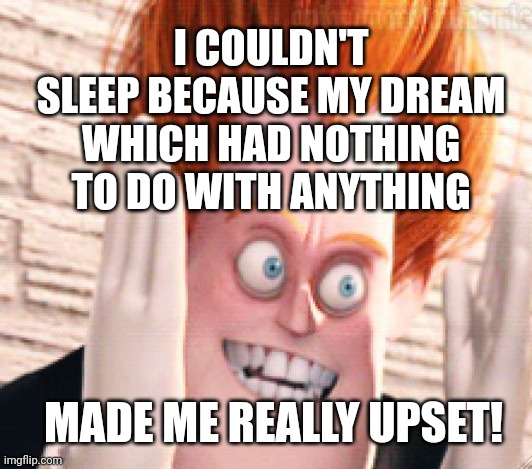Couldn't sleep | I COULDN'T SLEEP BECAUSE MY DREAM WHICH HAD NOTHING TO DO WITH ANYTHING; MADE ME REALLY UPSET! | image tagged in tired,sleep,can't sleep | made w/ Imgflip meme maker
