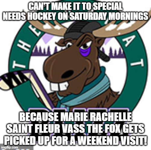 Saturday morning plans! | CAN'T MAKE IT TO SPECIAL NEEDS HOCKEY ON SATURDAY MORNINGS; BECAUSE MARIE RACHELLE SAINT FLEUR VASS THE FOX GETS PICKED UP FOR A WEEKEND VISIT! | image tagged in nope nope nope,saturday,hockey,fox | made w/ Imgflip meme maker