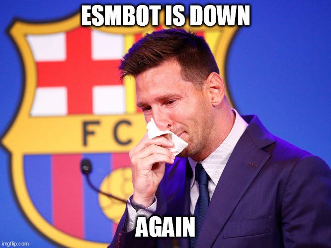 Messi crying | ESMBOT IS DOWN; AGAIN | image tagged in messi crying,discord | made w/ Imgflip meme maker