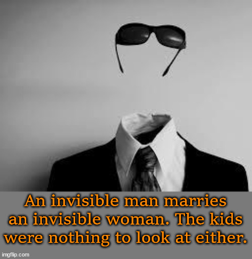 The Invisible Man | An invisible man marries an invisible woman. The kids were nothing to look at either. | image tagged in the invisible man,eyeroll | made w/ Imgflip meme maker