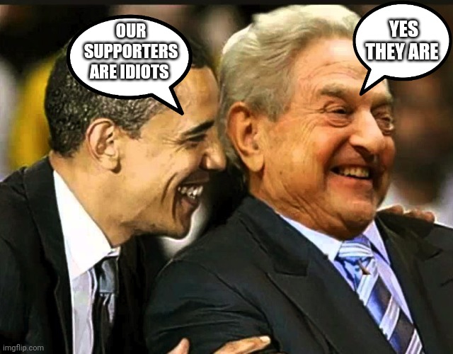 soros obama | OUR SUPPORTERS ARE IDIOTS YES THEY ARE | image tagged in soros obama | made w/ Imgflip meme maker