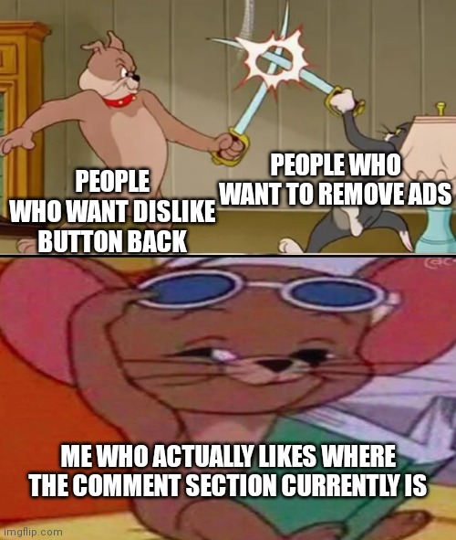 Don't kill me | PEOPLE WHO WANT TO REMOVE ADS; PEOPLE WHO WANT DISLIKE BUTTON BACK; ME WHO ACTUALLY LIKES WHERE THE COMMENT SECTION CURRENTLY IS | image tagged in tom and jerry swordfight | made w/ Imgflip meme maker