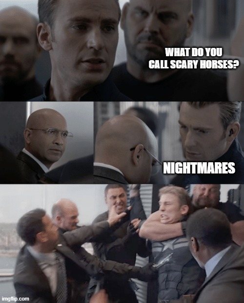 Scary horses joke | WHAT DO YOU CALL SCARY HORSES? NIGHTMARES | image tagged in captain america elevator | made w/ Imgflip meme maker