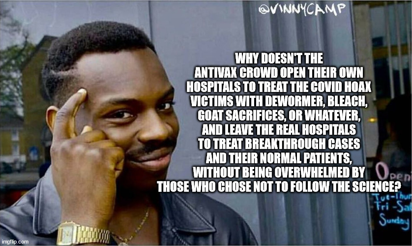 Don't want masks & vaxxes? Make your own hospitals to overrun. | WHY DOESN'T THE ANTIVAX CROWD OPEN THEIR OWN HOSPITALS TO TREAT THE COVID HOAX VICTIMS WITH DEWORMER, BLEACH, GOAT SACRIFICES, OR WHATEVER, AND LEAVE THE REAL HOSPITALS TO TREAT BREAKTHROUGH CASES AND THEIR NORMAL PATIENTS, WITHOUT BEING OVERWHELMED BY THOSE WHO CHOSE NOT TO FOLLOW THE SCIENCE? | image tagged in good idea bad idea,antivax idiots | made w/ Imgflip meme maker