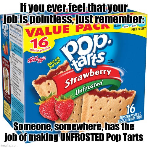 Just... WHY? | If you ever feel that your job is pointless, just remember:; Someone, somewhere, has the job of making UNFROSTED Pop Tarts | image tagged in pop tarts,candy,breakfast,why,just say no,memes | made w/ Imgflip meme maker