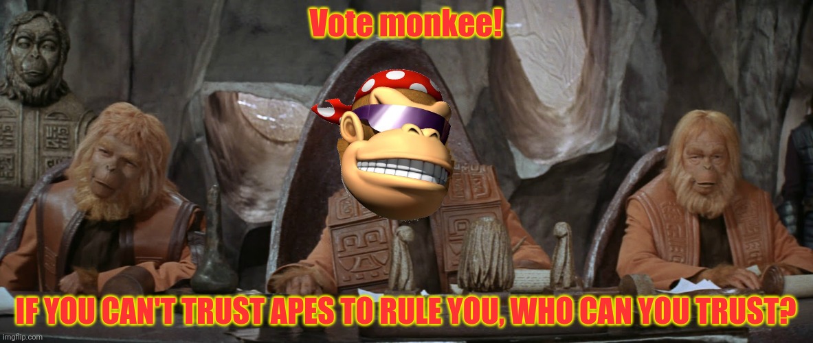 Votes out for Monkee! | Vote monkee! IF YOU CAN'T TRUST APES TO RULE YOU, WHO CAN YOU TRUST? | image tagged in votes out for monkee,vote,common sense,party | made w/ Imgflip meme maker