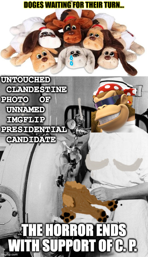 Stop This Fiend Vote Incognito and the Conservative Party | UNTOUCHED
 CLANDESTINE 
PHOTO  OF 
 UNNAMED
 IMGFLIP 
PRESIDENTIAL
 CANDIDATE; THE HORROR ENDS WITH SUPPORT OF C. P. | image tagged in pound puppies,iron lung baby | made w/ Imgflip meme maker