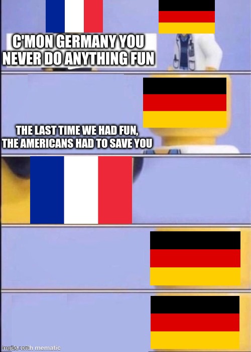 Akward | C'MON GERMANY YOU NEVER DO ANYTHING FUN; THE LAST TIME WE HAD FUN, THE AMERICANS HAD TO SAVE YOU | image tagged in lego doctor higher quality,ww2,historical meme | made w/ Imgflip meme maker