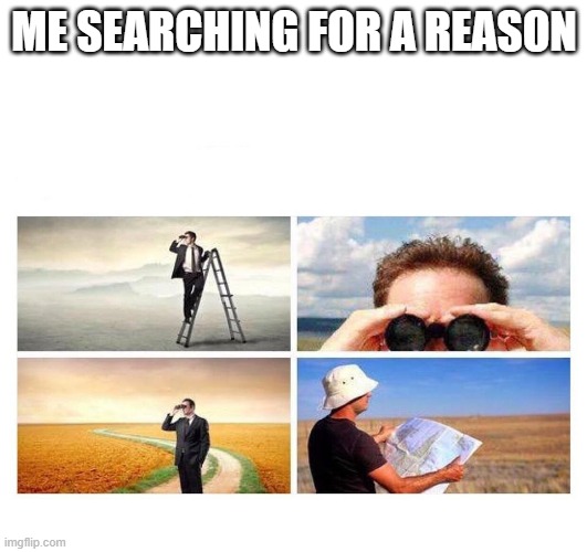 Searching for | ME SEARCHING FOR A REASON | image tagged in searching for | made w/ Imgflip meme maker