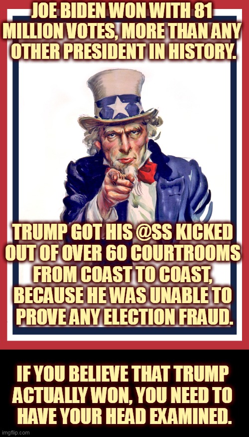 The only election fraud was Trump. | JOE BIDEN WON WITH 81 
MILLION VOTES, MORE THAN ANY 
OTHER PRESIDENT IN HISTORY. TRUMP GOT HIS @SS KICKED 
OUT OF OVER 60 COURTROOMS 
FROM COAST TO COAST, 
BECAUSE HE WAS UNABLE TO 
PROVE ANY ELECTION FRAUD. IF YOU BELIEVE THAT TRUMP 
ACTUALLY WON, YOU NEED TO 
HAVE YOUR HEAD EXAMINED. | image tagged in i want you uncle sam,trump,fraud,liar,loser,dictator | made w/ Imgflip meme maker