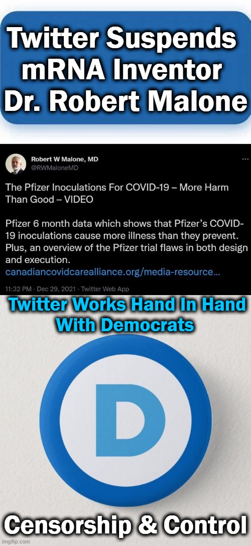 The Tweet That Got Dr. Malone Suspended; Too Much Truth For The Censors | Twitter Suspends 
mRNA Inventor 
Dr. Robert Malone; Twitter Works Hand In Hand
With Democrats; Censorship & Control | image tagged in politics,twitter,censorship,control,democrats,covid vaccine | made w/ Imgflip meme maker