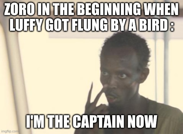 I'm The Captain Now Meme | ZORO IN THE BEGINNING WHEN LUFFY GOT FLUNG BY A BIRD :; I'M THE CAPTAIN NOW | image tagged in memes,i'm the captain now | made w/ Imgflip meme maker