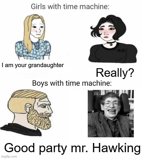 Time machine | I am your grandaughter; Really? Good party mr. Hawking | image tagged in time machine,memes,party | made w/ Imgflip meme maker
