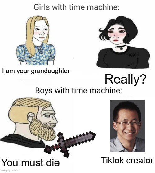 Time machine | I am your grandaughter; Really? Tiktok creator; You must die | image tagged in time machine,tiktok sucks,memes,funny,do you have stupid | made w/ Imgflip meme maker